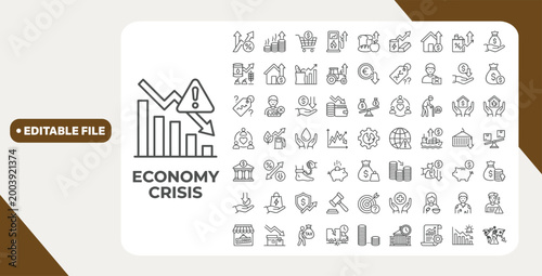Economy Crisis icon set. Contain icons related to Economic downturn, stock marker cash, Decrease, layoff, job fired, recession, credit crunch, and more. Editable stroke. Vector illustration