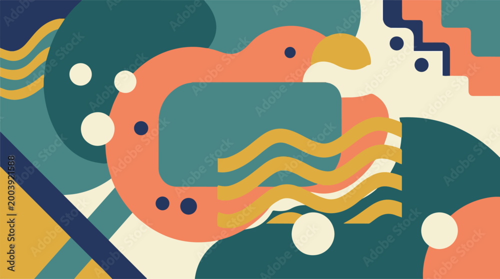 Obraz premium Abstract Memphis style geometric background with colorful retro shapes and playful modern design composition.