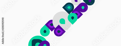 Abstract graphic design features colorful circles, squares, shapes. Minimalist composition with white background, modern aesthetic.