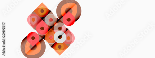 Abstract geometric shapes, orange tones, white background. Overlapping circles, squares create complex design. Minimalist style.