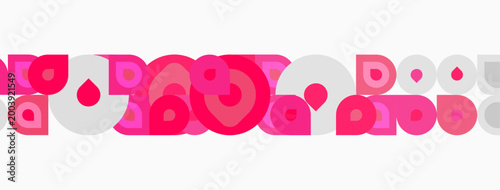 Pink circles, squares, curved shapes repeat across white background. Minimalist design, playful pattern, modern aesthetic.