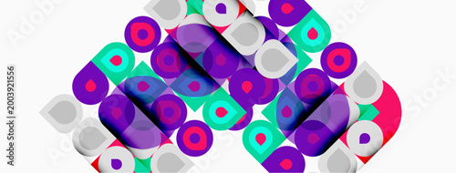 Abstract composition featuring overlapping circles, squares, vibrant colors. Modern design, playful geometry, dynamic arrangement.
