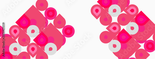 Pink, white geometric shapes repeat. Squares, circles overlap creating abstract pattern. Minimalist design, modern aesthetic.
