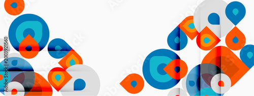 Abstract geometric shapes overlap, creating vibrant colorful pattern. Circles, squares, rectangles dominate composition. Modern design.