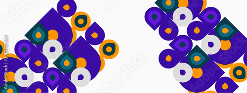 Abstract geometric pattern. Purple, orange shapes overlap white background. Modern design, repeating elements create visual texture.