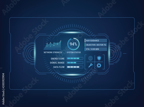 Futuristic HUD interface design glowing blue digital elements, data charts, system status indicators, and navigation metrics