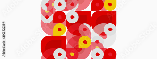 Abstract composition featuring overlapping circles, squares. Red, yellow, pink hues dominate white background. Modern geometric design.