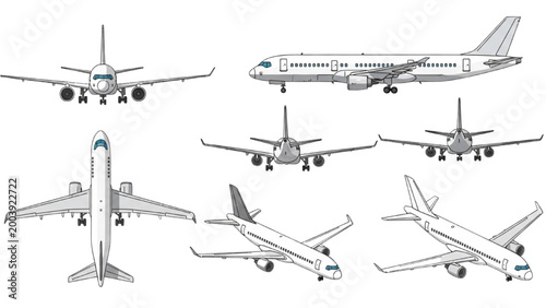 Detailed 2D AutoCAD drawings of airplanes in various positions and angles