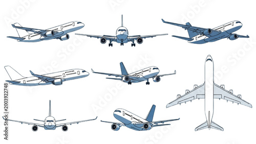 Various views of airplanes in 2D AutoCAD illustrations showcase different angles.