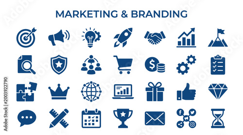 Marketing and branding icons set representing business growth strategy and success elements like targets, ideas, and achievements