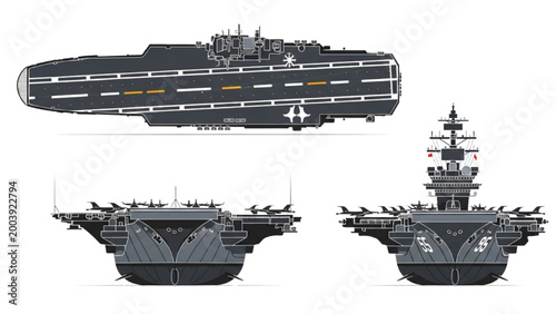 Detailed 2D AutoCAD designs showcase aircraft carrier in various views