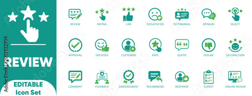 Review icon set. approval, evaluation, feedback, opinion, rating, response, review, satisfaction, illustration, and solid icons. 