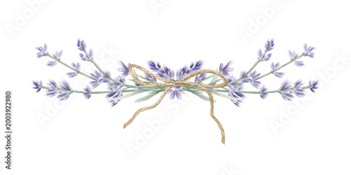 Foto Watercolor lavender floral arrangement with a jute bow