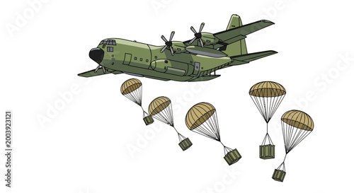 Military plane dropping cargo parachutes.