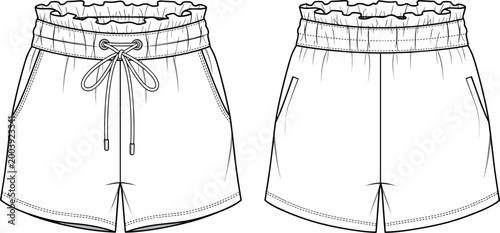 Technical flat sketch of women's paperbag waist shorts featuring drawstring elastic waistband front and back views for fashion apparel design.