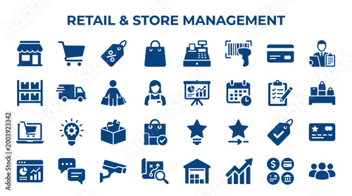 Retail and store management icons set representing various aspects of business operations and customer service in a modern retail environment