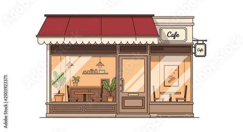 Small cafe storefront with red awning.