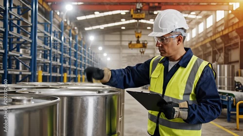 Worker inspects metal cylinder in warehouse factory. Man checks steel drum with clipboard. Industrial worker examines metal storage. Factory inspection of cylinder drums in warehouse facility.