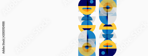 Abstract geometric shapes, stacked vertically. Blue, yellow, orange hues dominate design. Minimalist composition, clean lines present.