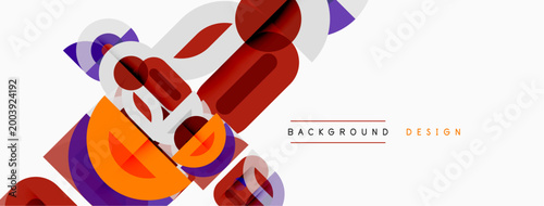 Abstract geometric shapes overlap, creating dynamic composition. Red, orange, purple hues dominate design. Modern aesthetic.