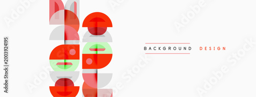 Abstract geometric pattern. Circles, squares overlap creating modern visual effect. Minimalist design with red, green hues.