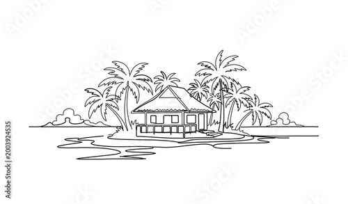 Cuadro en lienzo Tropical beach hut with palm trees one line art vector summer island ocean shore