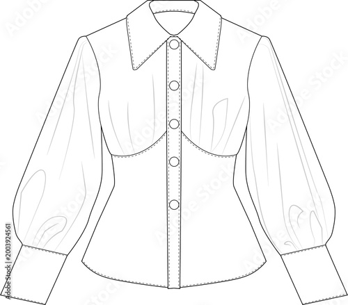 Technical Fashion Sketch of Women’s Structured Corset Panel Shirt Technical Flat Sketch with Puff Sleeves and Button Front