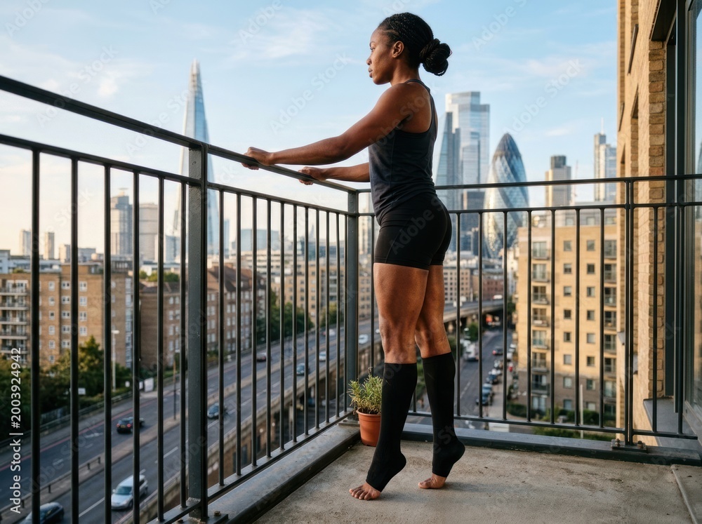 Naklejka premium Black woman in her 20s with dark skin practices fitness on a balcony overlooking London, wearing a tank top and black shorts.