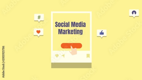 Hand clicks on social media post, triggering multiple engagement and marketing metrics.