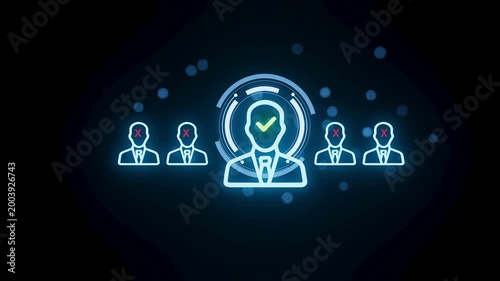 Digital selection process shows one chosen candidate among many with visual indicators on others.