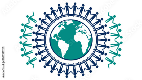 Global population concept with earth surrounded by people icons representing world population day and human connection in modern illustration