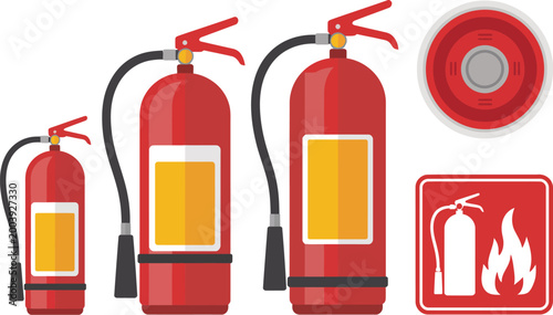 Fire extinguisher set, red emergency equipment in varying sizes with safety button and warning sign isolated on white background for fire safety design.