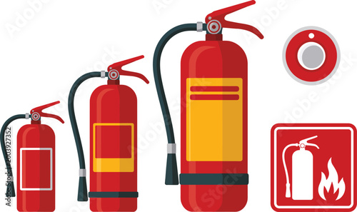 Fire extinguisher set, vector illustration of red fire safety equipment with emergency symbols and safety signage for workplace protection and hazard prevention.