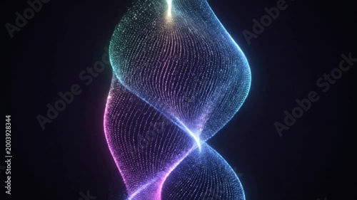 Abstract digital art piece with flowing, colorful particles creating a dynamic and elegant visual effect against a dark background