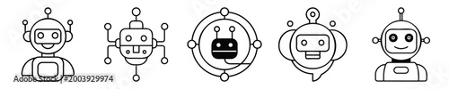 Various simple outline robot icons illustrating artificial intelligence, chatbots, and automated system concepts on plain backdrop.