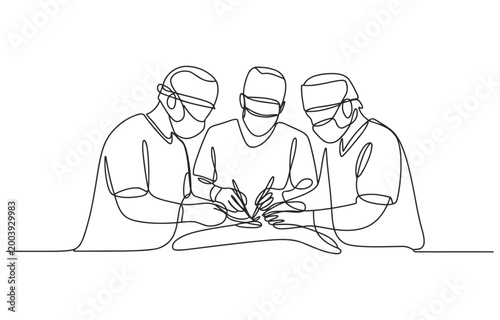 Surgeons performing operation in continuous line art style with medical staff one line surgeons operation hospital professional procedure treatment illustration minimalist instrument