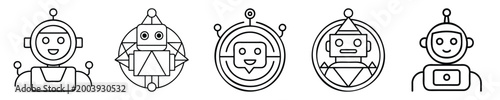 Five unique line art robot icons presented on a white background, showcasing AI and digital technology themes.