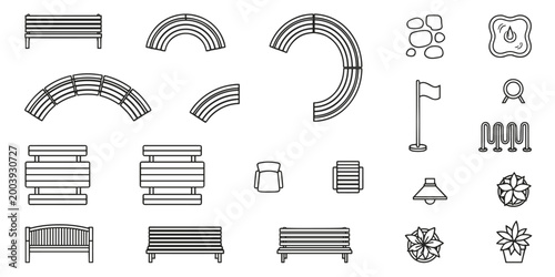 Top view park amenities. Variety of park and street furniture. Includes benches, curved seating, rocks, lamp post, flag, and bike rack. Vector illustration.
