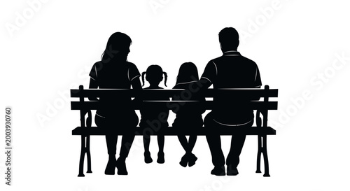 Family sitting on a bench together.