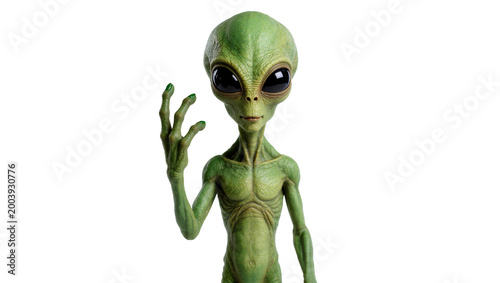 Φωτογραφία Green Grey Alien Figure Waving Hand with Large Black Eyes