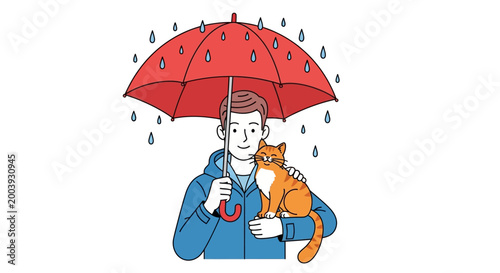 Man holding orange cat under umbrella.