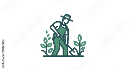 Man in overalls working with shovel.