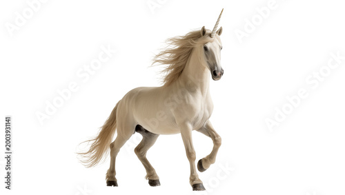 Pale cream Unicorn with flowing mane and horn mid-stride