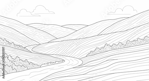 Rolling Hills and Winding Road Landscape.