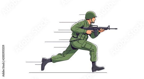 Tableau sur toile Soldier in green uniform running with gun.