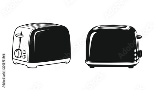A detailed illustration showcases two black toasters from differing perspectives highlighting their design and functionality as kitchen appliances silhouette high quality professional modern elegant
