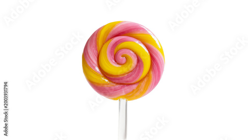 Schilderij op canvas Swirled Pink Yellow Candy Lollipop on Silver Stick