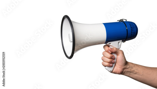 Human Hand Holding Blue and White Plastic Megaphone