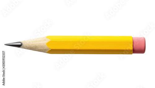 Yellow pencil with pink eraser and sharpened graphite tip