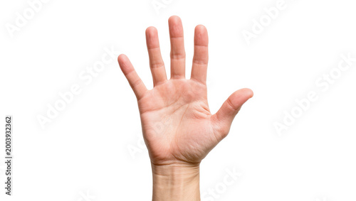 Human hand with five fingers raised in a stop gesture